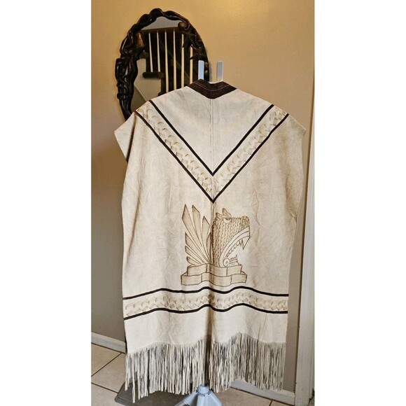 Mexican Vintage Suede Leather Fringe Poncho Pyrography Native Aztec Cape Costume - Picture 5 of 11